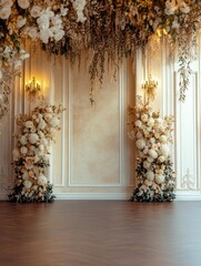 A luxurious wedding ceremony interior with a beige wall and wooden floor, adorned with cascading white flowers and greenery, creating a romantic and enchanting ambiance. The symmetrical arrangement of