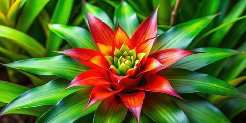 Fototapeta premium Vibrant green bromelia flower in full bloom, tropical, plant, exotic, vivid, leafy, nature, vibrant, colorful, botany