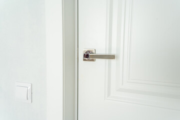 This captivating image features a closeup of a beautifully crafted white door with an elegant silver handle, enhancing its aesthetic charm and making it a splendid home addition