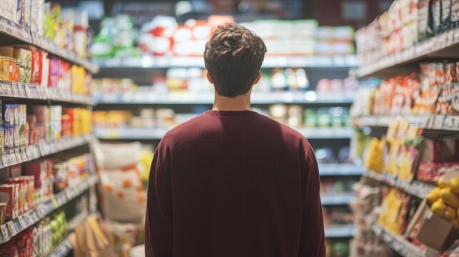 A man stands in a supermarket aisle, facing away from the camera, browsing the shelves. He is looking at the products and making a choice. The photo evokes a sense of everyday life, shopping, and deci
