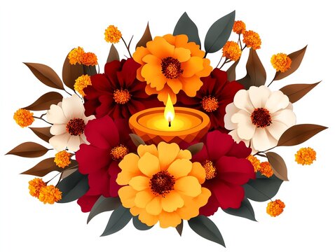 recommend clip art: Diwali diya with flowers clipart, decorative element, watercolor illustration, crisp outlines, diya surrounded by marigolds, isolated on white background