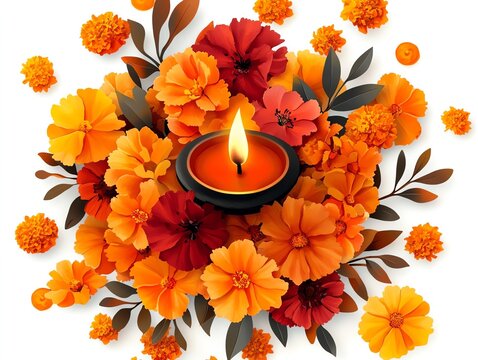 recommend clip art: Diwali diya with flowers clipart, decorative element, watercolor illustration, crisp outlines, diya surrounded by marigolds, isolated on white background