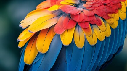 Fototapeta premium Blue Yellow and Red Parrot Feathers Close Up Texture Background