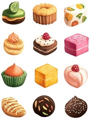 Diwali traditional sweets clipart, food element, watercolor illustration, defined lines, variety of Indian mithai, isolated on white background