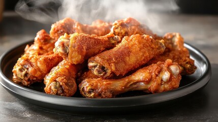 Close-up of a plate of crispy chicken wings, steam rising, with a sprinkle of paprika for added color, crispy fried chicken wings, hot and fresh, comfort snack