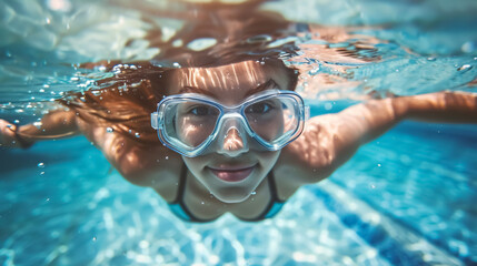 Naklejka premium Underwater picture of a young swimmer in goggles exercising in a swimming pool.