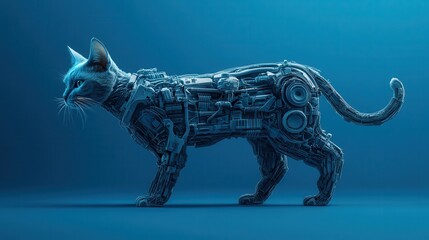 A futuristic robotic cat seamlessly blends technology and feline grace in a sleek blue environment.