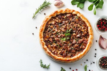 A mouthwatering Pissaladiere, a traditional French tart, featuring caramelized onions, anchovies, and herbs, baked to perfection and ready to be enjoyed. The rustic crust and flavorful filling create 