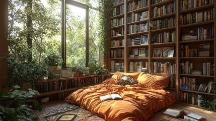 Fototapeta premium Cozy Reading Nook with Bookshelves and Window View