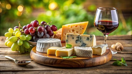 Naklejka premium French cheese platter with grapes and wine , French, cheese, platter, grapes, wine, appetizer, gourmet, delicacy, food