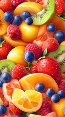 Obraz premium Sweet ripe fruits and berries on color background