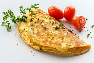 A perfectly cooked omelette with a golden brown crust, topped with fresh parsley and served with ripe red tomatoes. The omelette is presented on a white background, highlighting its rich color and tex