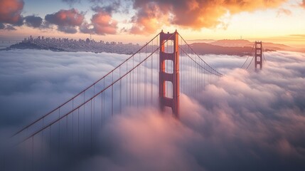 Obraz premium Golden Gate Bridge in Fog with City Skyline and Sunset