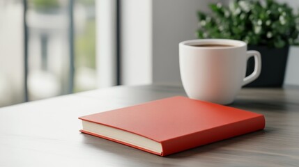 Naklejka premium A red notebook with an engraved cover sits on a wooden table beside a cup of coffee. The notebook is perfect for journaling, taking notes, or writing down your thoughts.