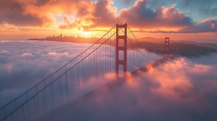 Obraz premium Golden Gate Bridge Sunset with Fog and City Skyline