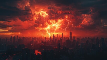 Fototapeta premium Apocalyptic Cityscape with Lightning Storm