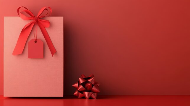 A red gift bag with a large red bow and a blank name tag. The bag is set against a red background, symbolizing celebration, gifting, personalization, festive occasions, and holiday cheer.