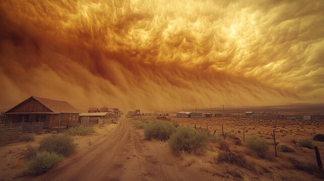 Dramatic Desert Dust Storm Approaching Small Town