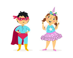 Funny kids in halloween costumes vector illustration. Happy and cute carnival children set. Super hero and unicorn. Characters design. For stickers, kids design, holiday banners
