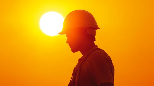 A silhouette of a construction worker wearing a hard hat, standing against a bright orange sunset. The sun is behind the worker, creating a halo effect. The image represents hard work, dedication, and