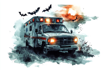 Watercolor ambulance amidst a spooky landscape with bats flying, adding a sense of urgency and eerie atmosphere. Perfect for Halloween themes.
