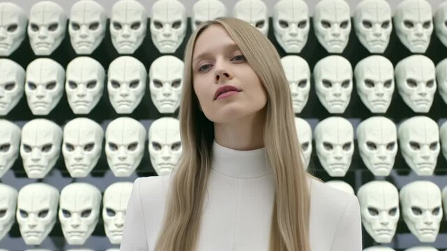 Mysterious woman in white surrounded by rows of expressionless masks, evoking a surreal and unsettling mood