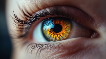 Close-up of a stunning eye showcasing vibrant orange and blue hues with intricate details and beautiful lashes.