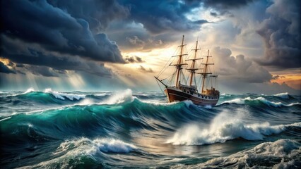 Obraz premium Ship sailing in the rough sea during a storm, ship, ocean, water, storm, waves, clouds, weather, danger, adventure