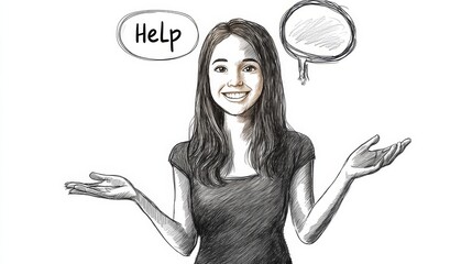 A smiling woman with long hair, drawn in a sketch style, is depicted offering help with a welcoming gesture and a thought bubble above her head. She represents customer service, support, and helpfulne