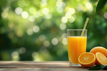 Fototapeta premium Glass of Orange Juice with Fresh Oranges on a Wooden Table