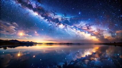 Night sky full of stars and the Milky Way reflected in serene waters , Milky Way, night sky, stars, reflection