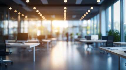 Fototapeta premium Abstract blurred modern corporate working space bright office interior with furniture and daylight big panoramic windows business office interior 