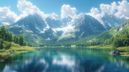 Serene mountain landscape with a clear lake and lush greenery.