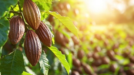 Ripe Cocoa Pods on Branch with Green Leaves and Sunbeams