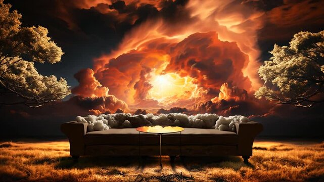 The purgatory sofa rests in a surreal landscape, illuminated by dramatic clouds and fiery skies