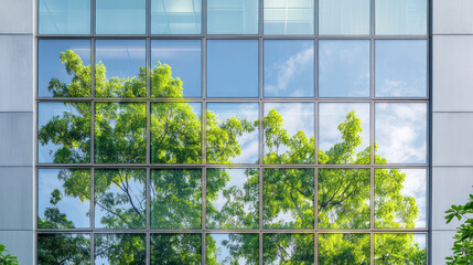 A modern office building with green trees reflected