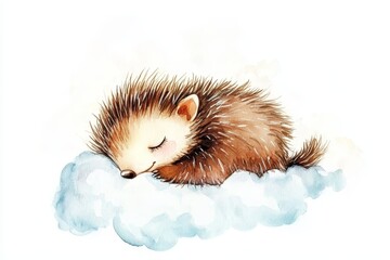 Fototapeta premium A sweet watercolor illustration of a cute, little porcupine sleeping peacefully on a fluffy cloud. The image symbolizes tranquility, innocence, and the beauty of nature.