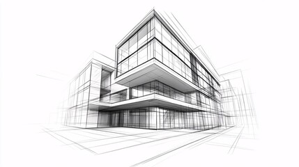 linear sketch of a modern building with clean lines and architectural details, set against a light gray background for a minimalist aesthetic
