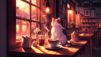lofi style, cat sitting beside windows with a cup of hot coffee