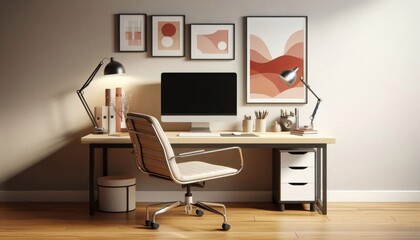 interior office desk with computer with warm color series