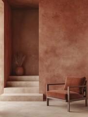 Fototapeta premium A terracotta accent armchair sits in a minimalist room with a textured terracotta wall and a set of stairs. The warm colors and natural materials create a welcoming and inviting atmosphere.