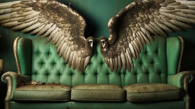 Aged sofa in purgatory with angel wings, where souls sit in limbo awaiting their eternal fate