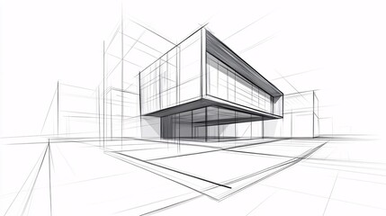 linear sketch of a modern building with clean lines and architectural details, set against a light gray background for a minimalist aesthetic
