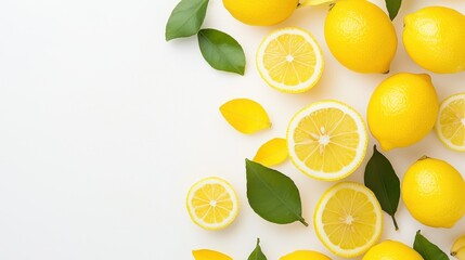 Fototapeta premium Fresh Lemon Slices and Leaves on White Background