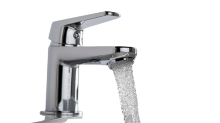 Modern faucet with water flowing on transparent background