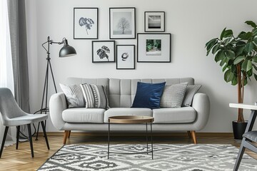Gray Fabric Sofa with Pillows, Elegant Coffee Table, and Black Photo Frame Board with Photographs in Stylish Living Room