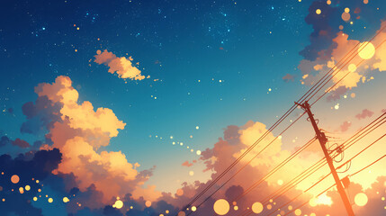Fototapeta premium A picturesque sunset scene showcasing fluffy clouds and power lines, bathed in warm hues, blending beautifully with sparkling lights.