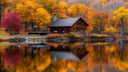 Fototapeta premium Autumn Cabin Reflection in Still Lake Water