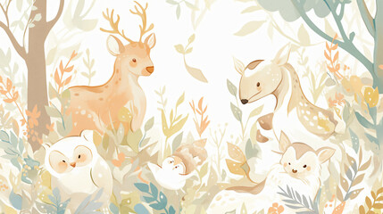Obraz premium A charming illustration of various woodland creatures like deer and owls amidst a lush forest, evoking a sense of peace and nature's beauty.