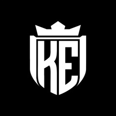 KE Letter logo shield shape inside shield badge crown on black background template design